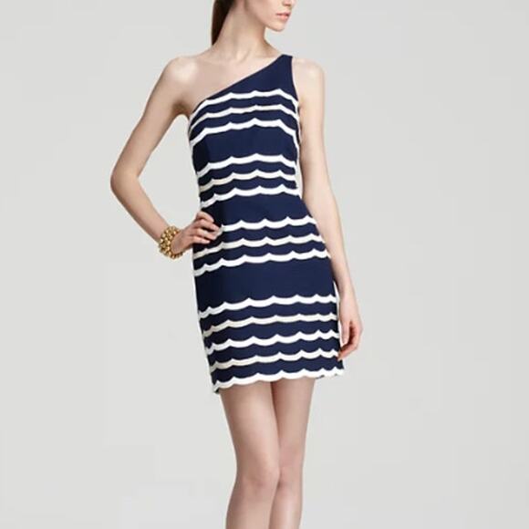 Lilly Pulitzer Tylar One-Shoulder Mini Dress Navy White &‎ Gold Striped Size 6 - Picture 2 of 11